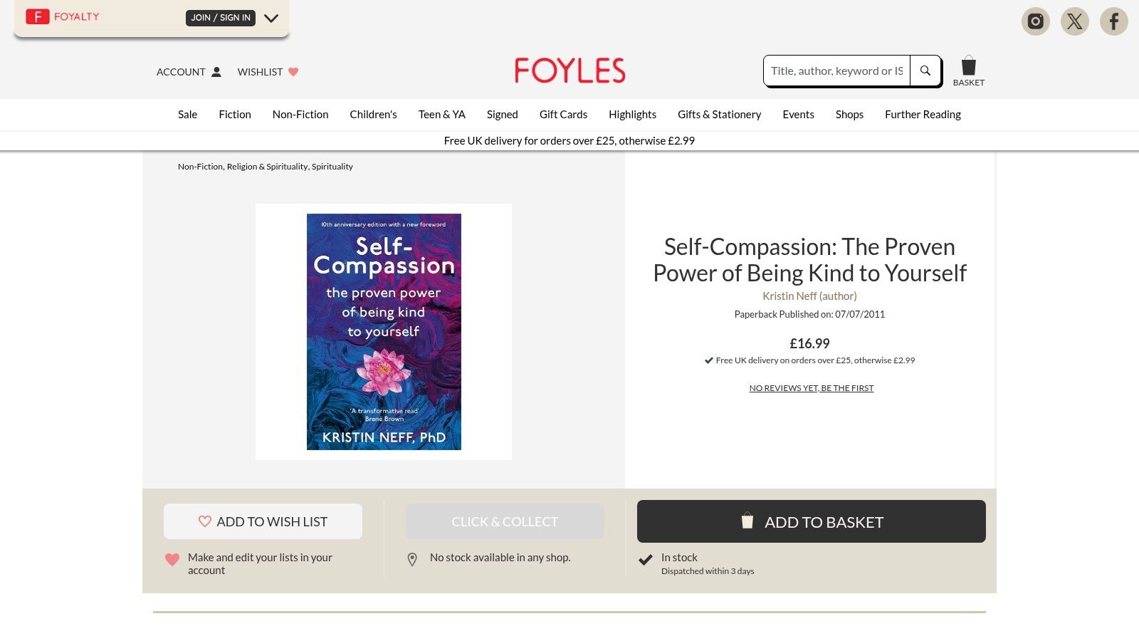 Foyles website showing a self-compassion book listing