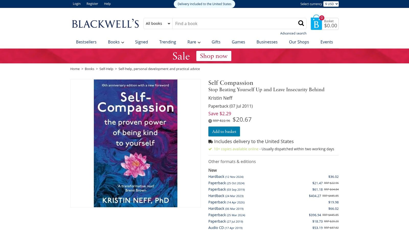 Blackwell's website showing the book "Self-Compassion" by Kristin Neff