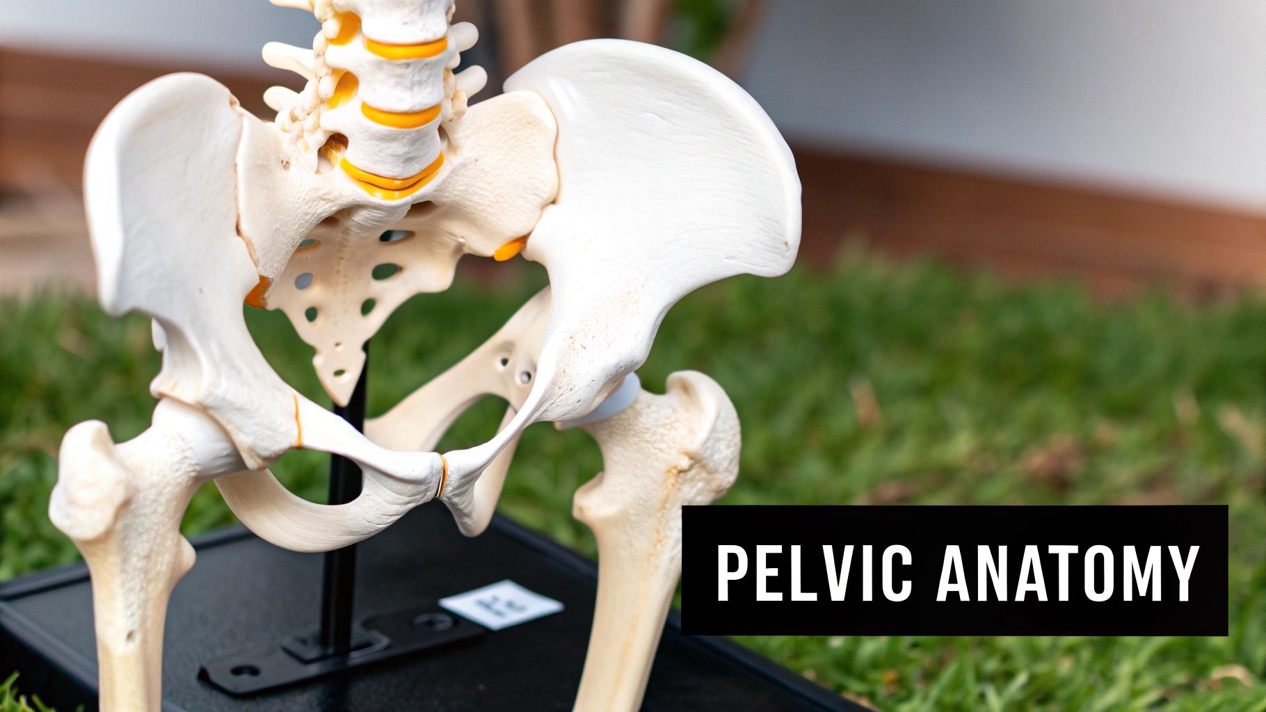 A healthcare professional pointing to the sacroiliac joint on an anatomical model to explain the causes of pain.