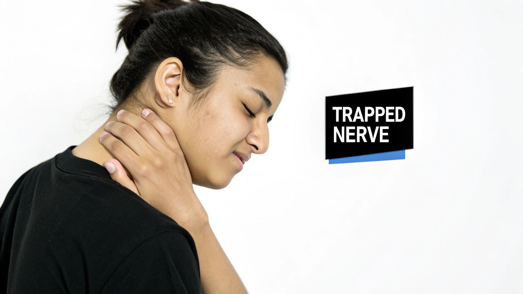 A person holding their lower back in pain, indicating a trapped nerve.