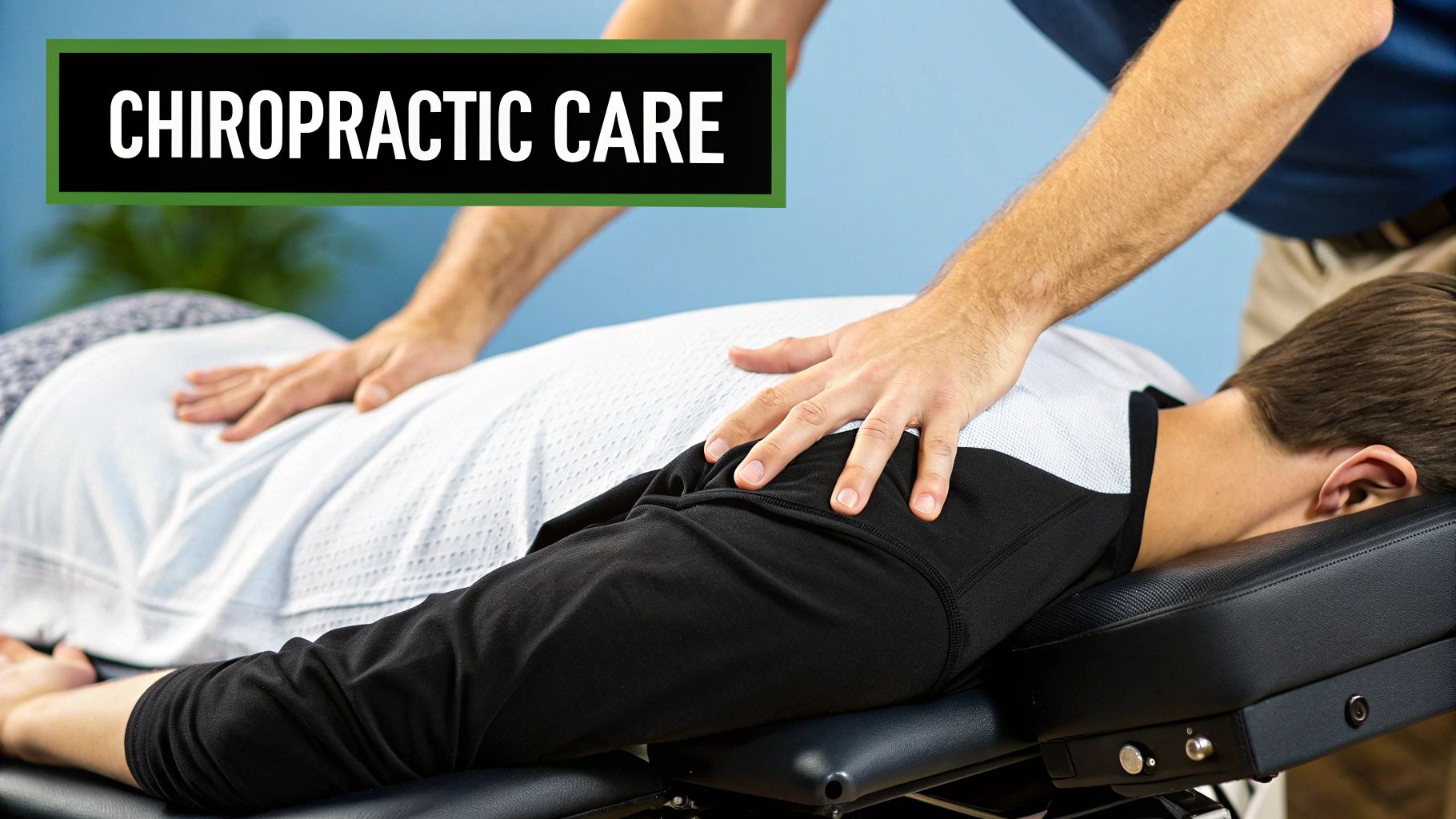 A practitioner performing a gentle spinal adjustment on a patient's back.