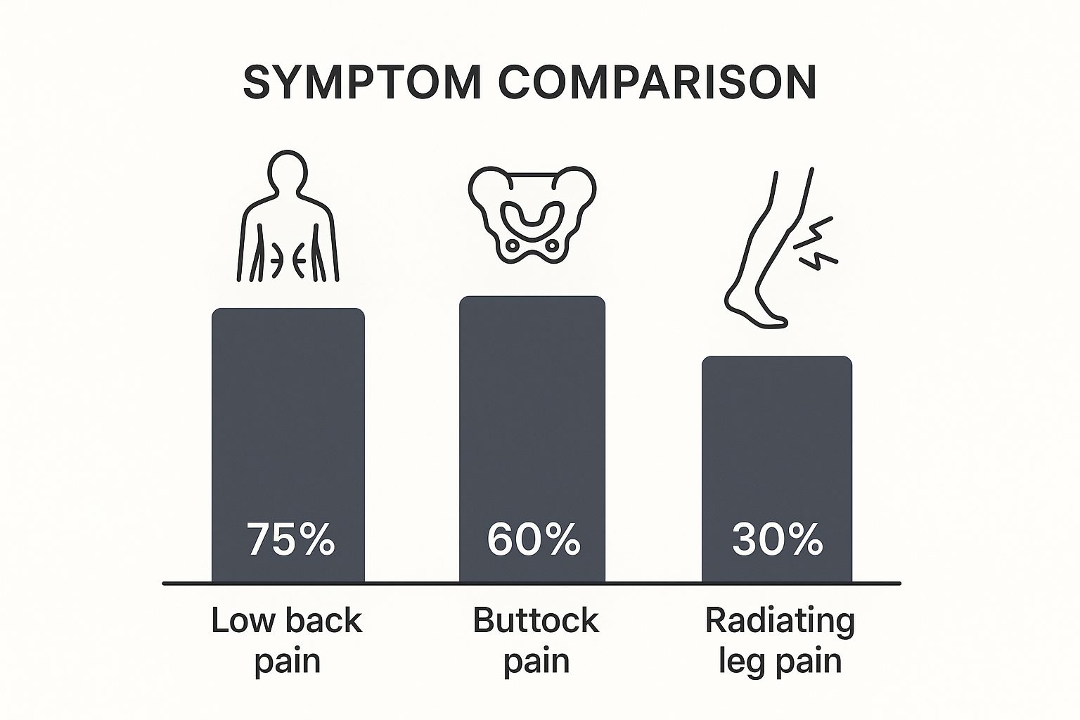 Infographic showing the prevalence of different symptoms in SI joint pain, with bars for low back pain, buttock pain, and radiating leg pain.