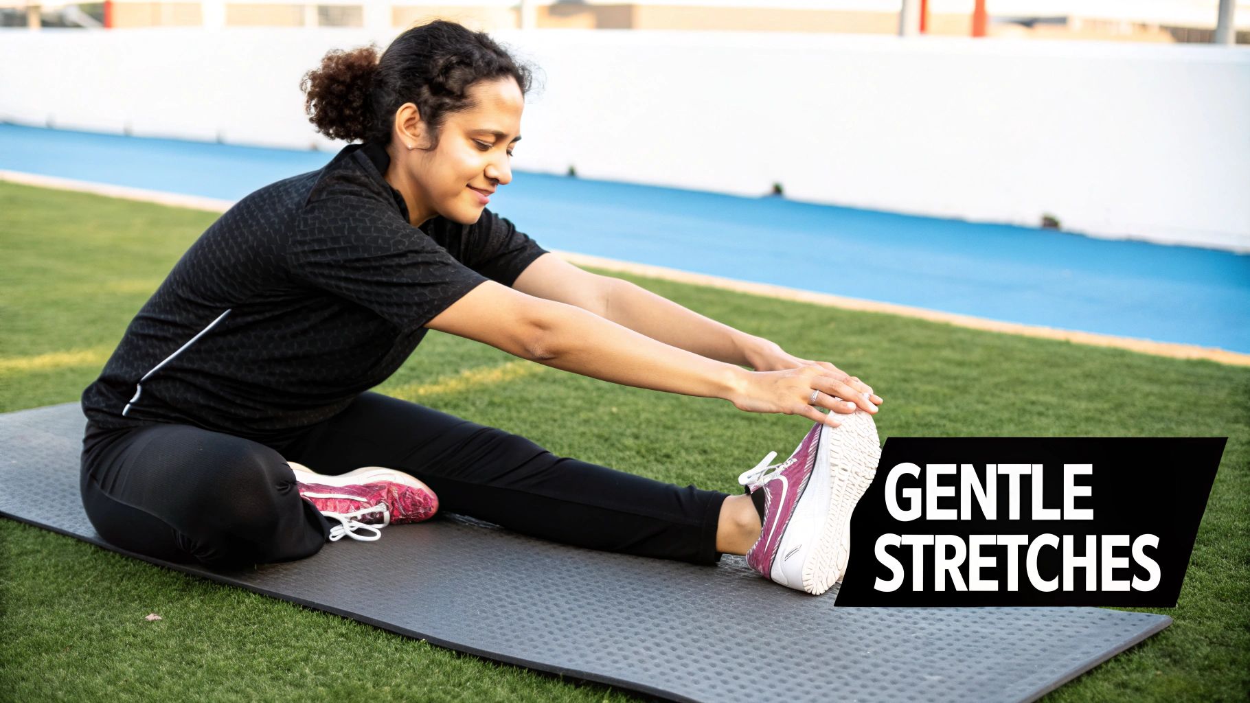 A person stretching their hamstrings on a yoga mat.