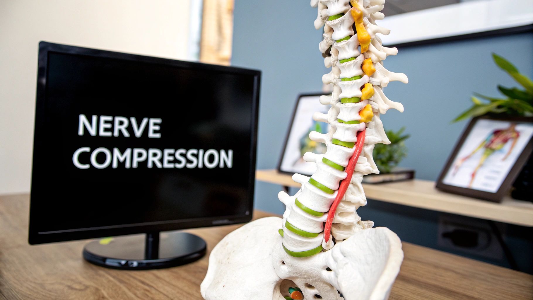 A person pointing to a diagram of the spine, highlighting the factors affecting nerves.