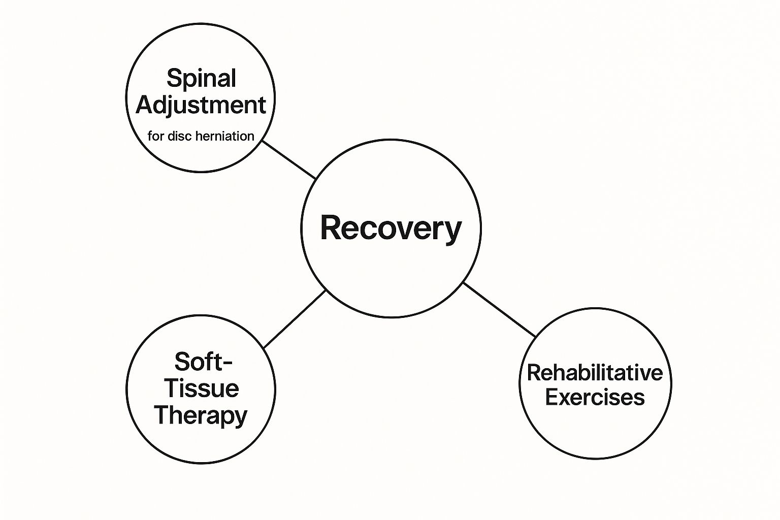 An infographic showing a central node for 'Recovery' connected to 'Spinal Adjustment', 'Soft-Tissue Therapy', and 'Rehabilitative Exercises'.