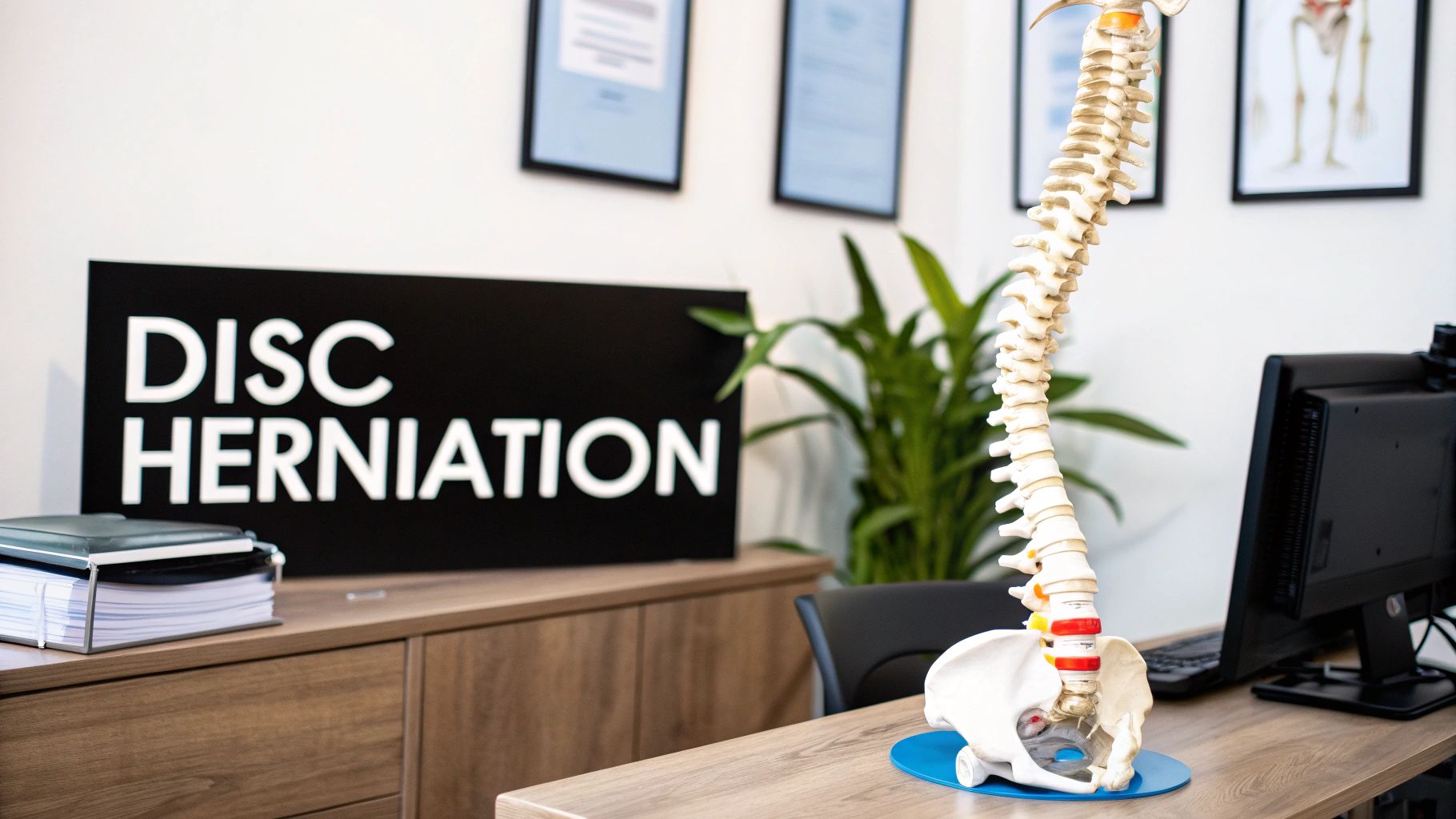 A visual representation of the human spine, highlighting the area affected by a herniated disc.