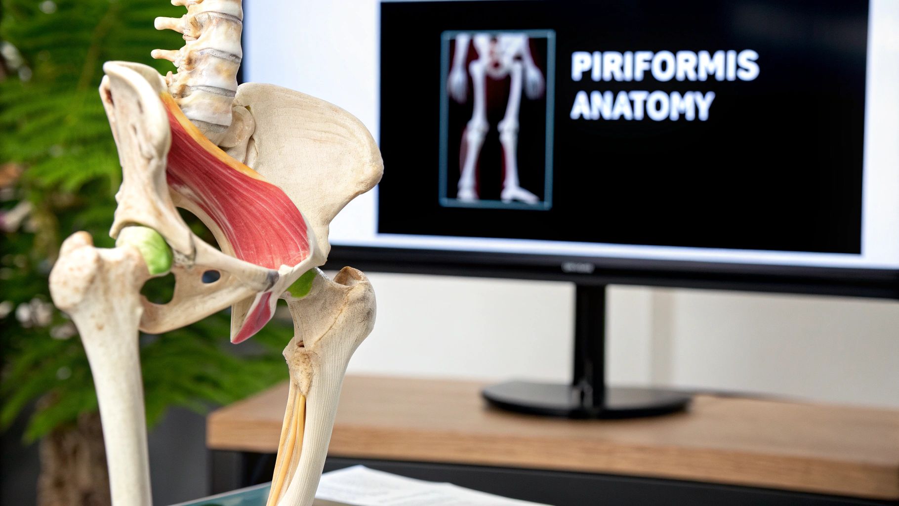 A diagram showing the relationship between the piriformis muscle and the sciatic nerve, highlighting anatomical variations.
