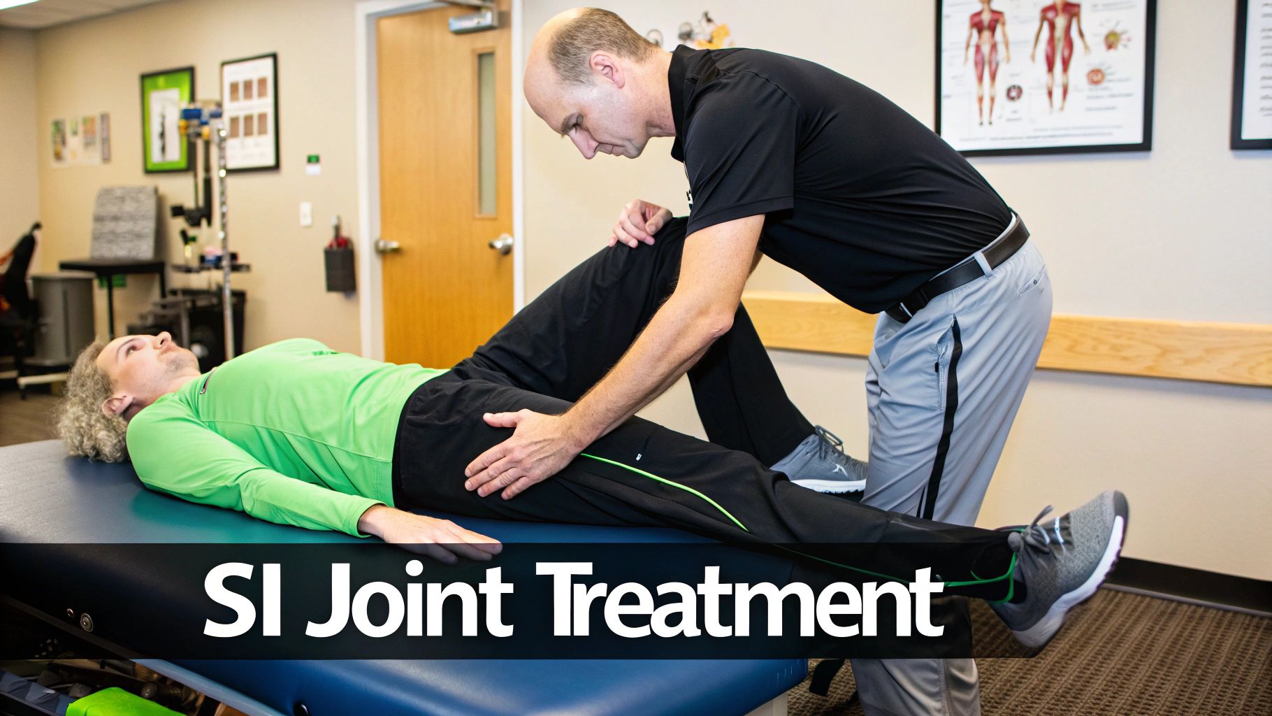 A patient discussing their sacroiliac joint pain symptoms with a healthcare professional in a bright clinic room.