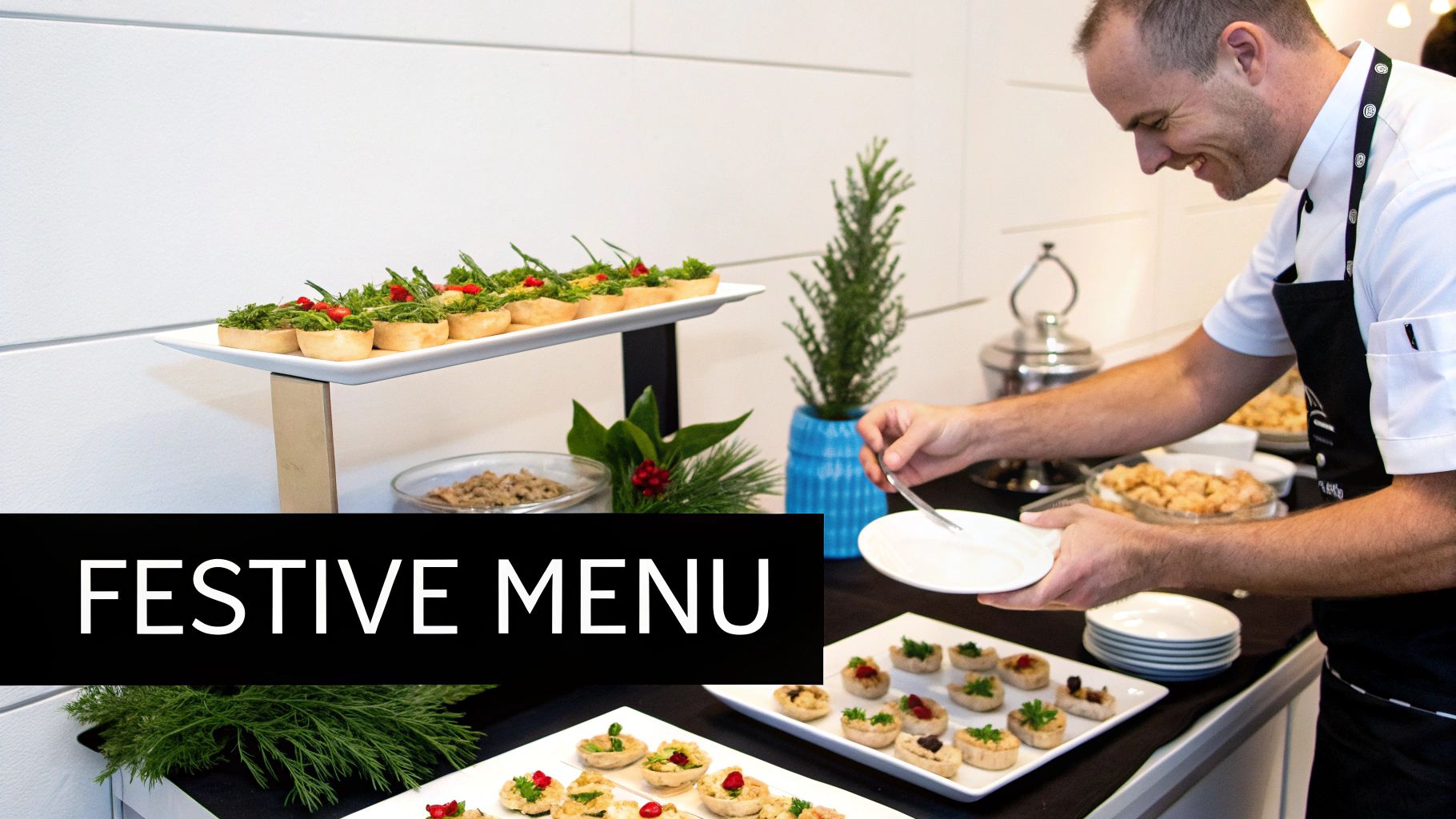 Festive Christmas catering display featuring a variety of holiday dishes and desserts.