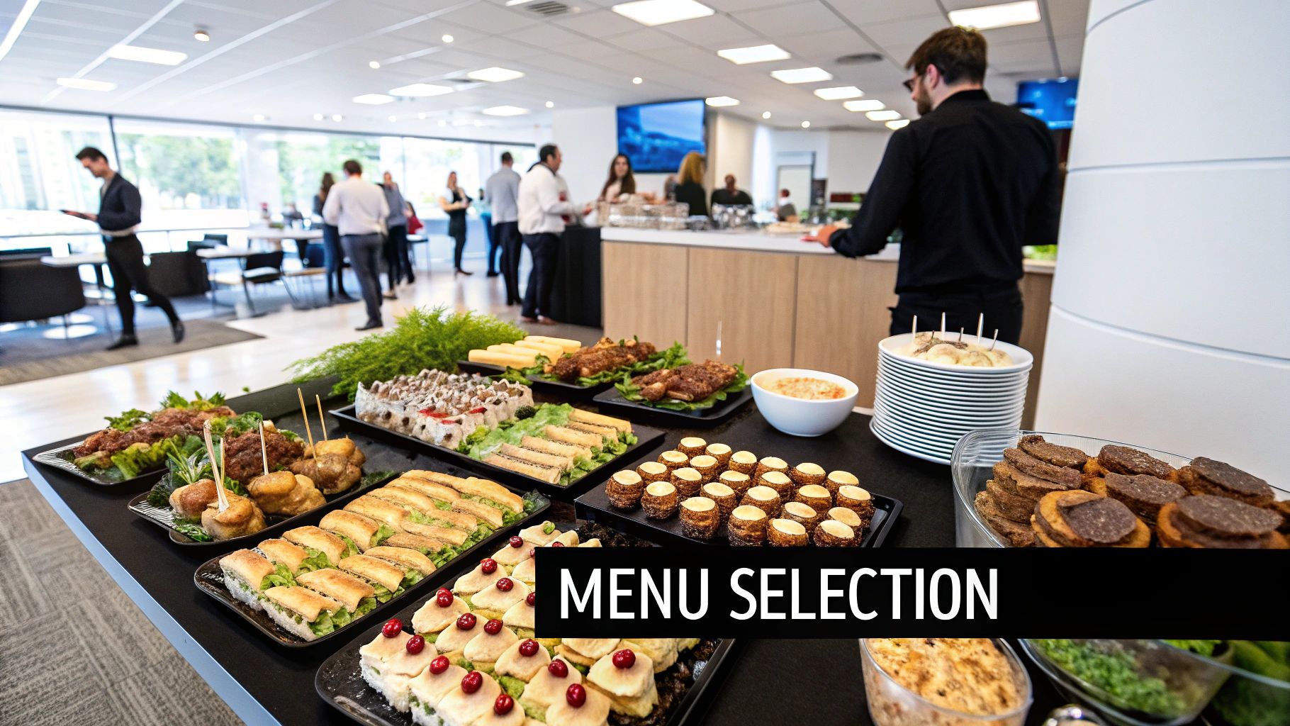 A selection of fresh catering dishes including wraps, salads, and vegetable platters on a table.