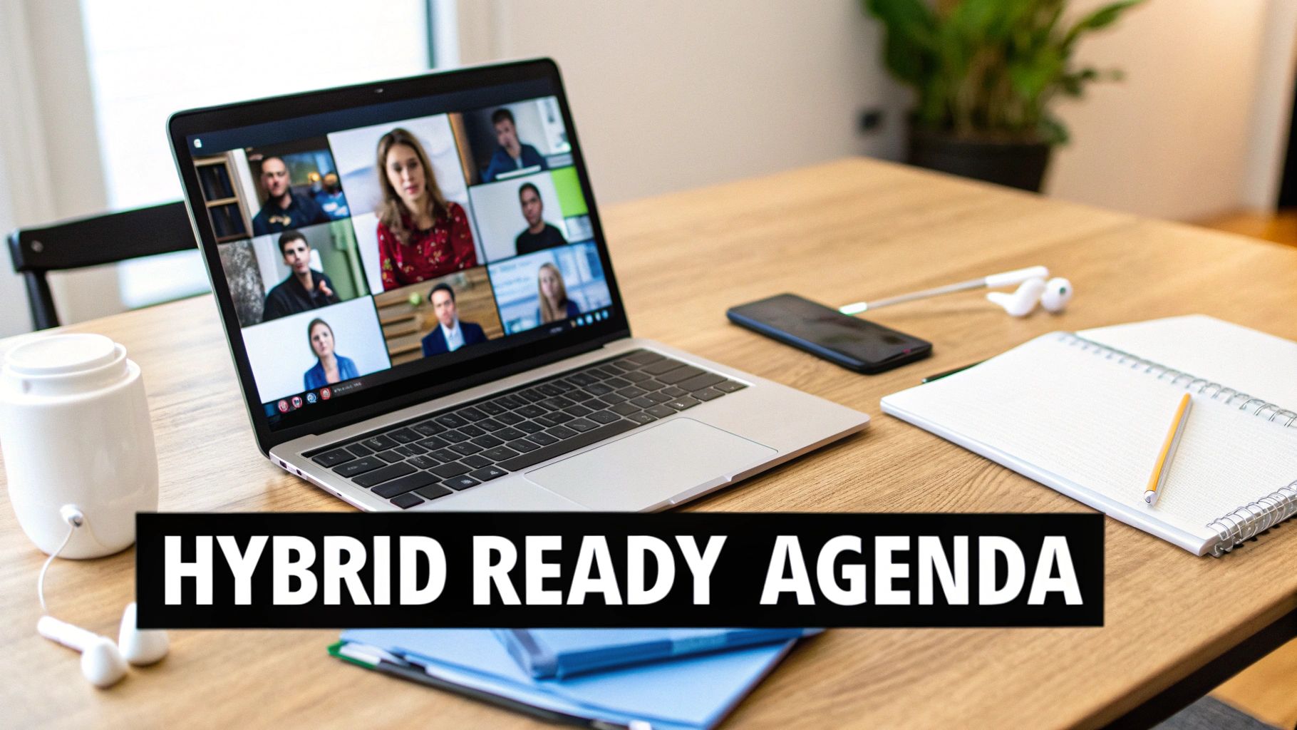 A person on a video call in a hybrid work setting, with colleagues in a meeting room in the background.