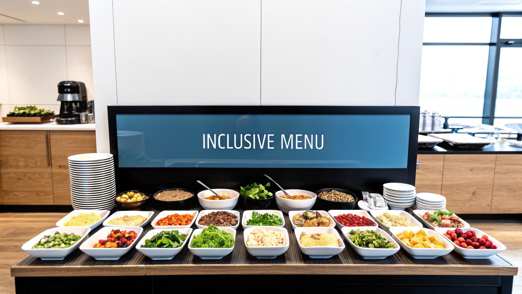 A variety of colourful and healthy corporate catering food options laid out on a table.