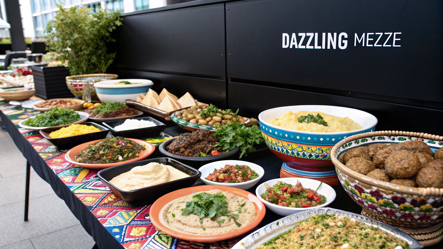 Colourful spread of Middle Eastern catering dishes including dips and salads.