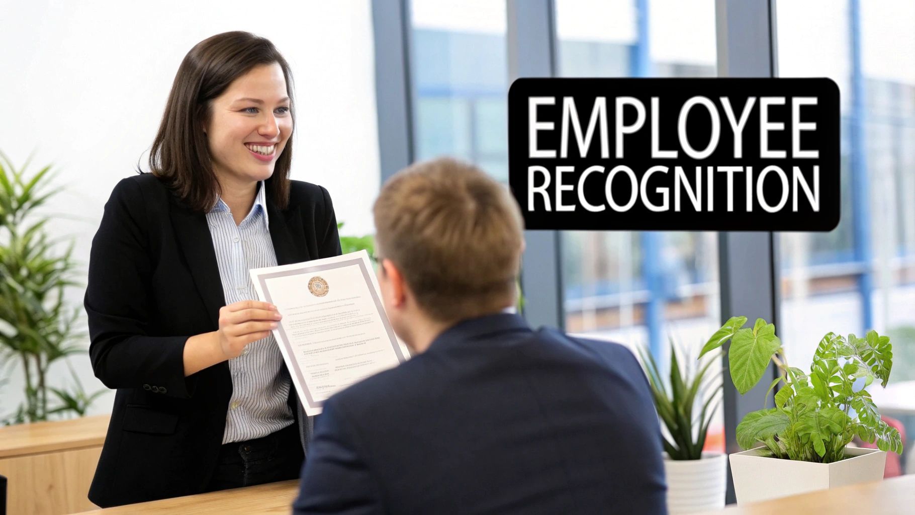 A team celebrating success in a modern office, showing high employee morale.