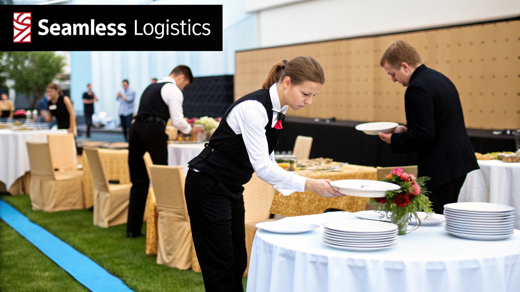 A team of caterers working efficiently in a temporary event kitchen.