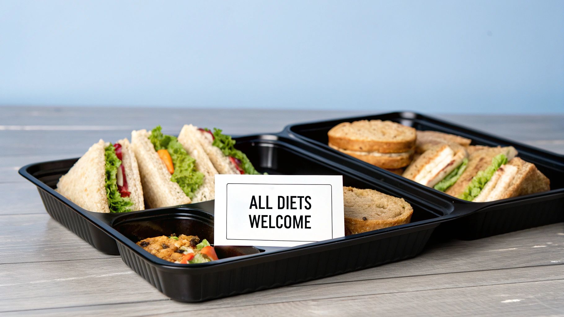 A sandwich platter featuring clearly separated and labelled vegetarian and gluten-free options.