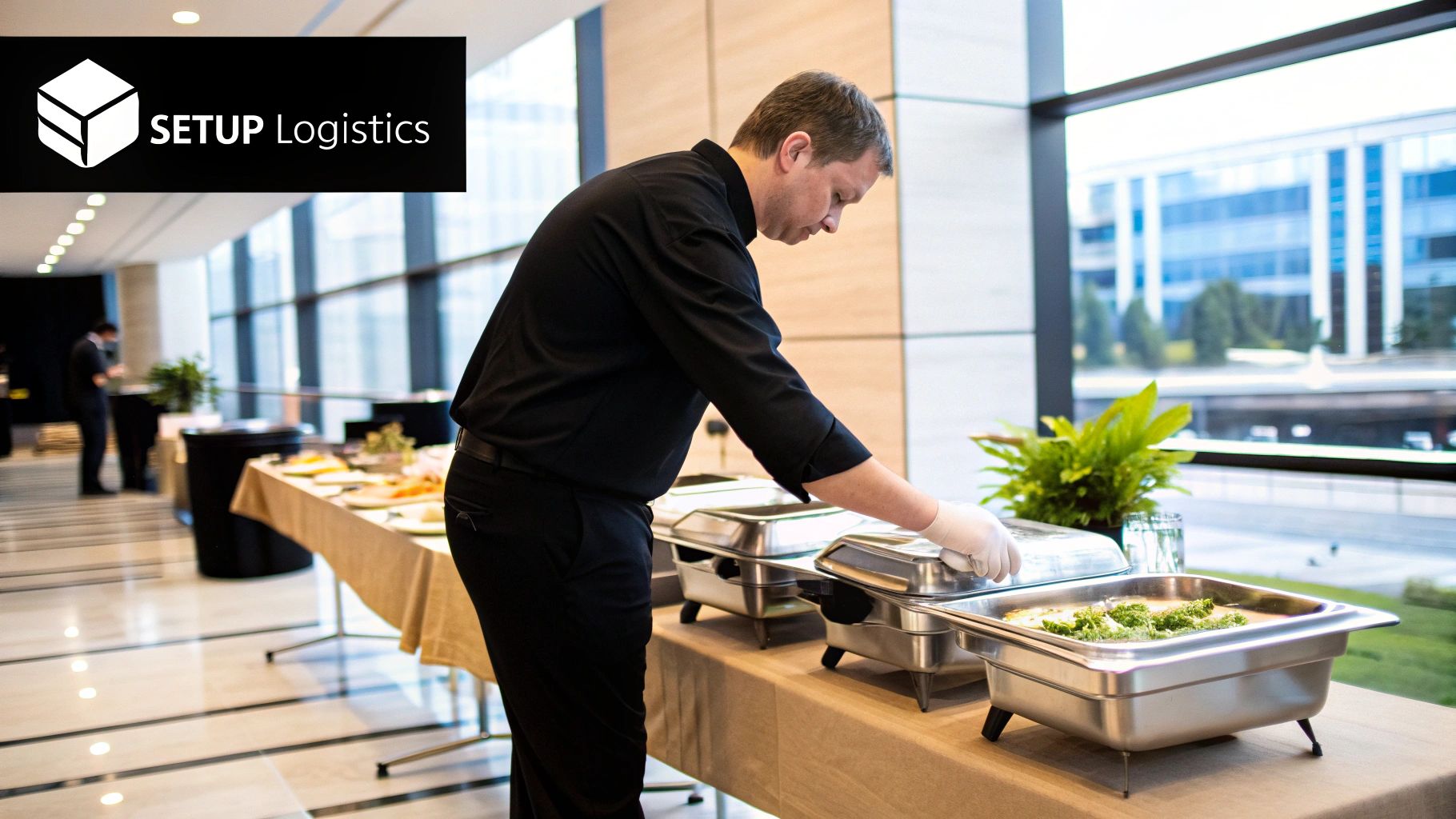 A person setting up a professional catering buffet line in an office boardroom.
