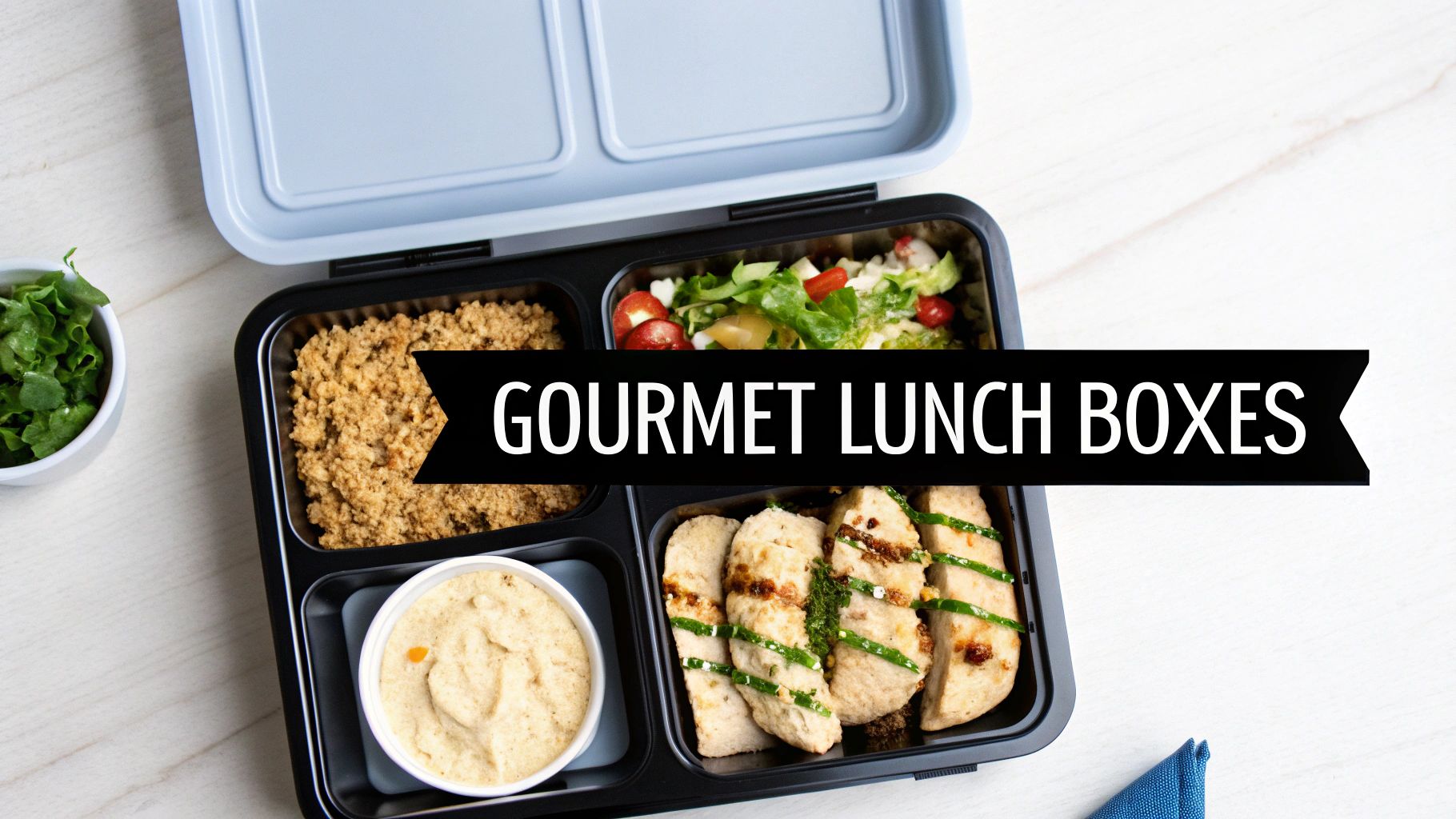 Vibrant catering lunch boxes filled with fresh Greek and Middle Eastern food