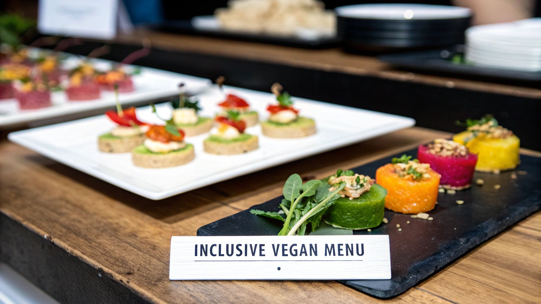A colourful and beautifully presented vegan catering dish ready for a corporate event.