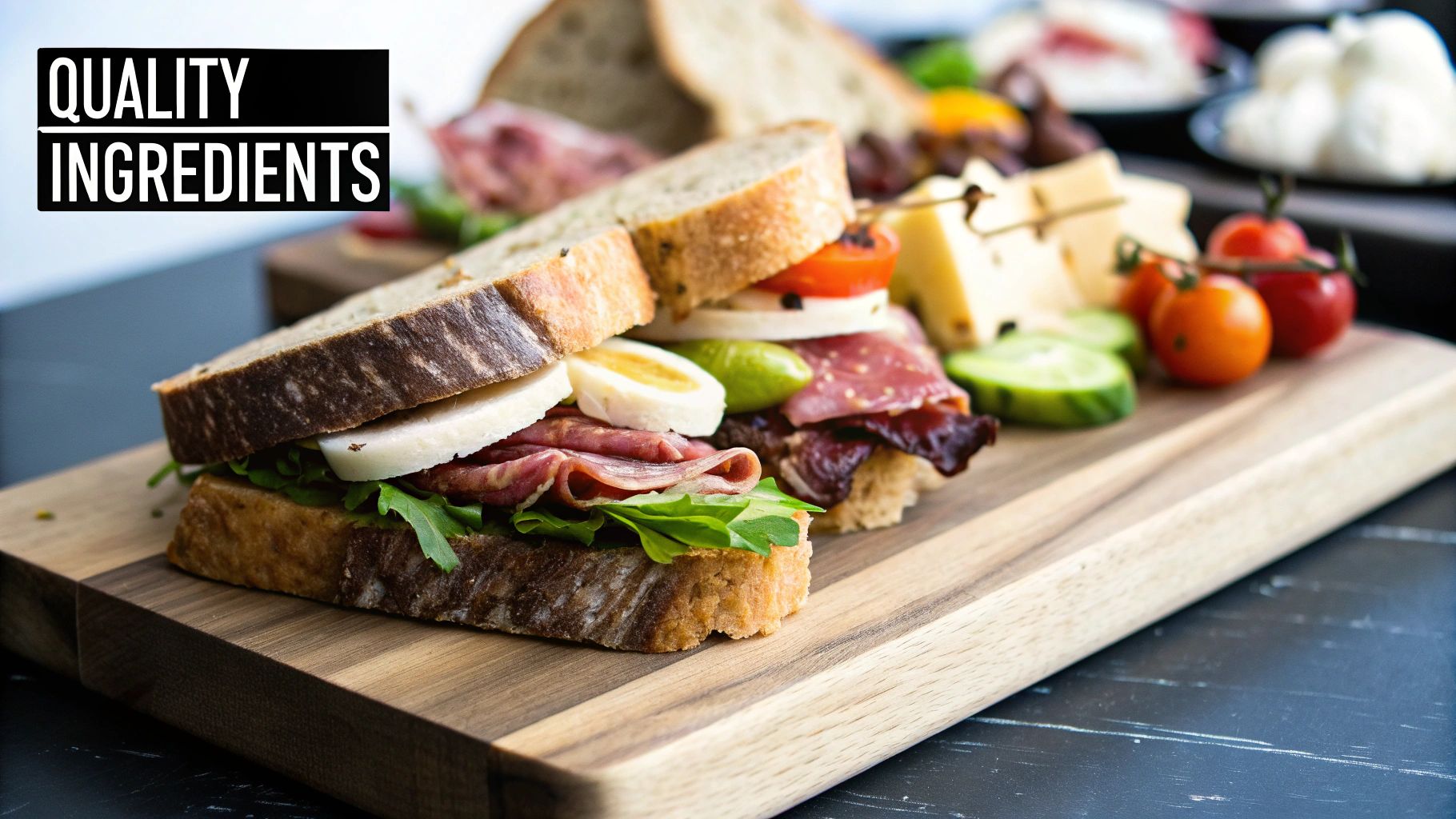 A close-up shot of a diverse sandwich platter, showing different types of bread and fresh fillings.