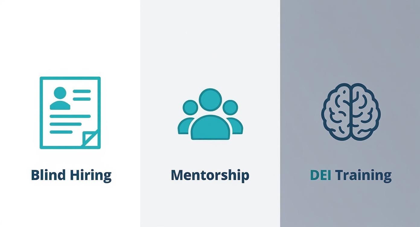 Infographic showcasing DEI strategies like blind hiring, mentorship, and DEI training with corresponding icons.
