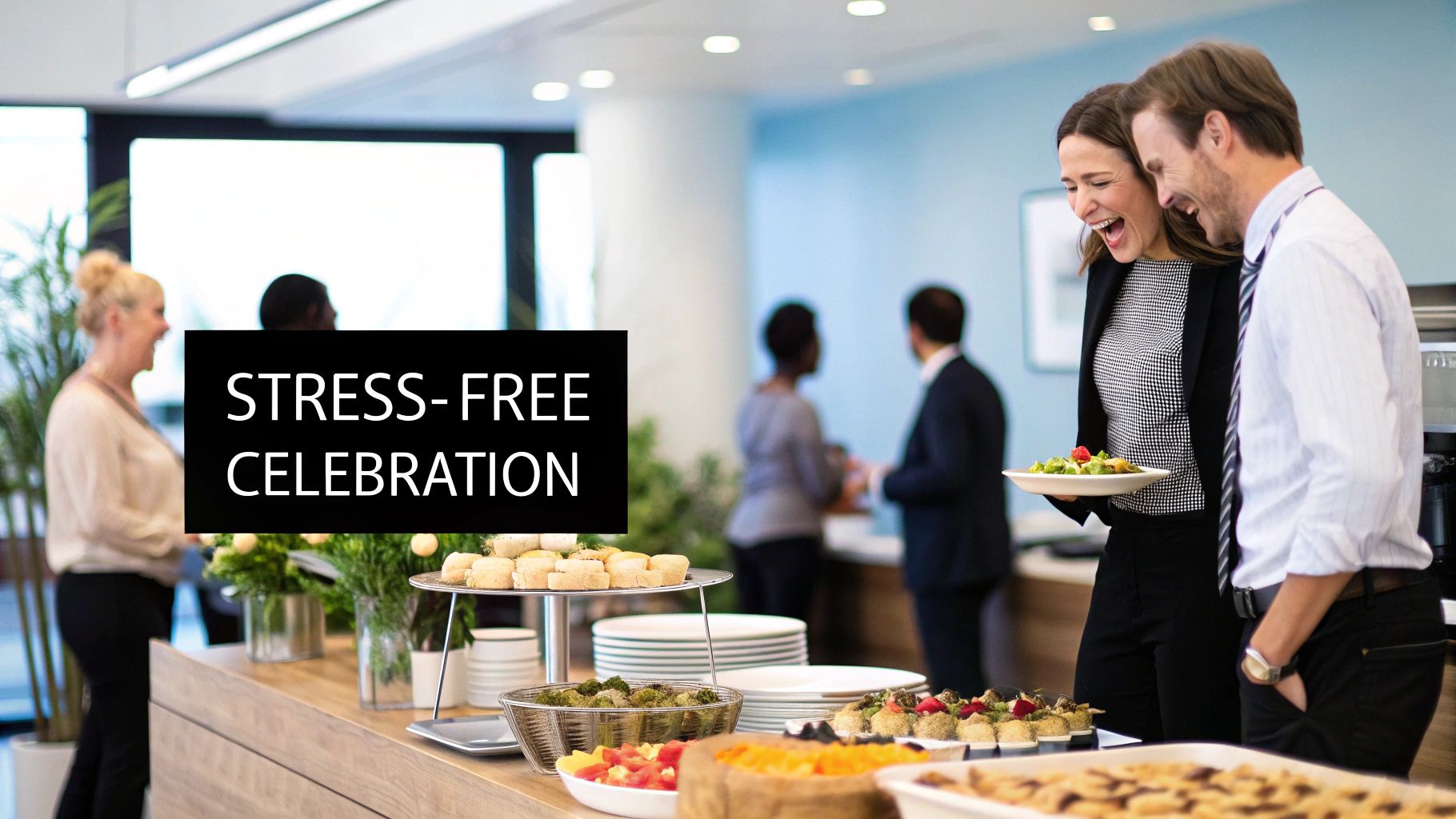 A beautifully arranged catered Christmas dinner table with roasted turkey and various side dishes, creating a festive atmosphere.