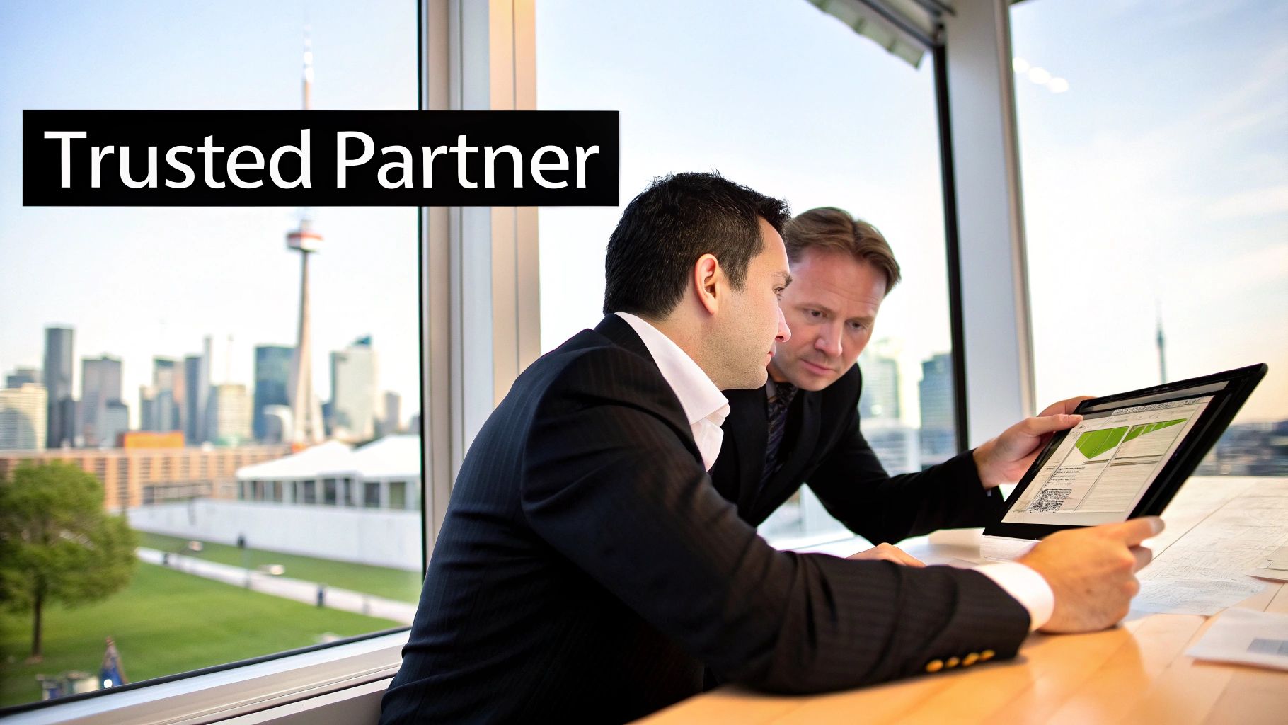 Three chefs in a professional kitchen plating food for a corporate catering event.