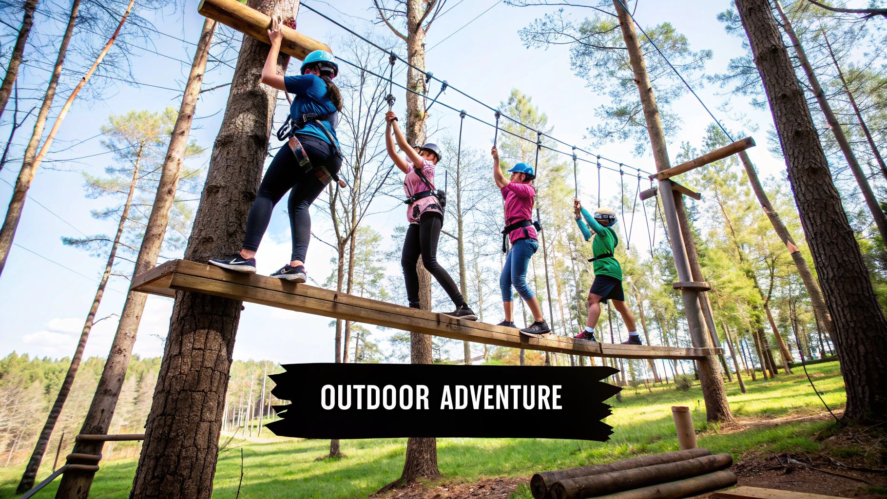 A team works together on an outdoor ropes course challenge.