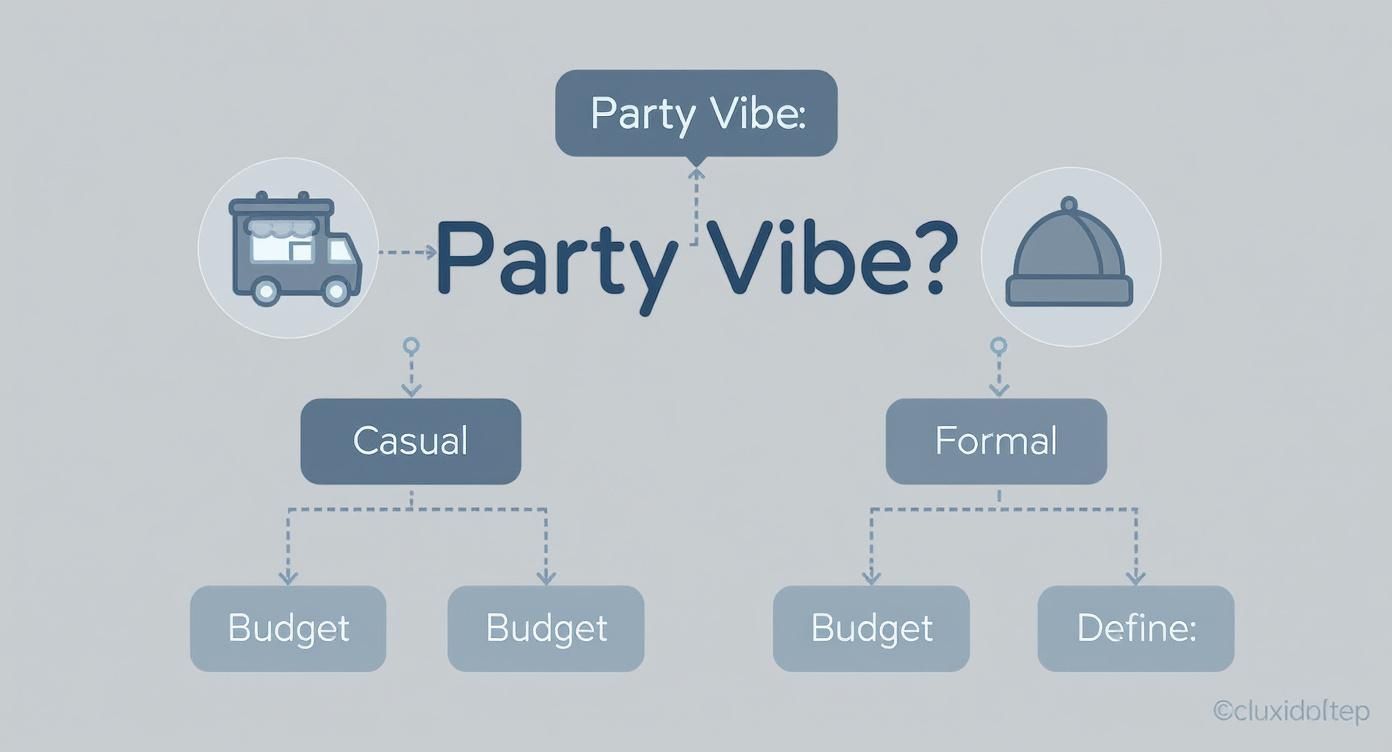 Infographic decision tree showing how party vibe (casual vs. formal) leads to different catering and budget considerations.