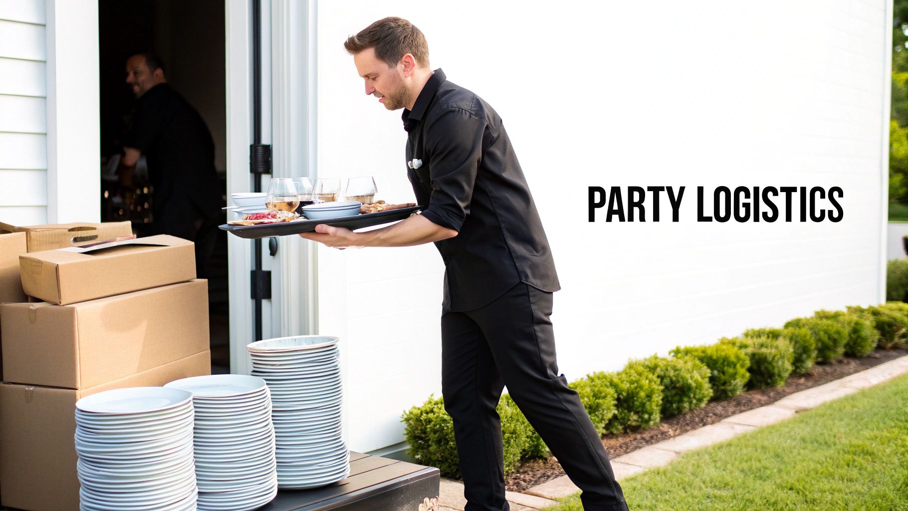 Catering staff setting up a buffet table for an event.