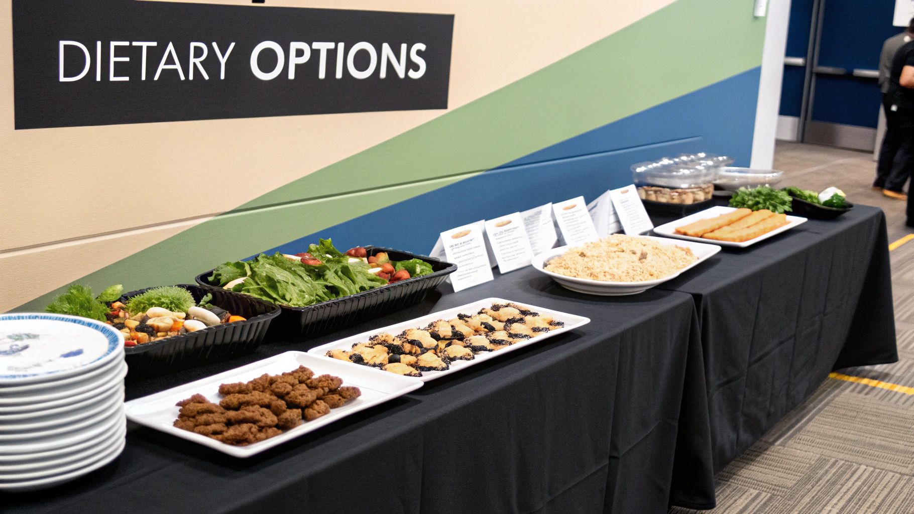 A variety of delicious and clearly labeled dishes catering to different dietary needs at a Christmas party.