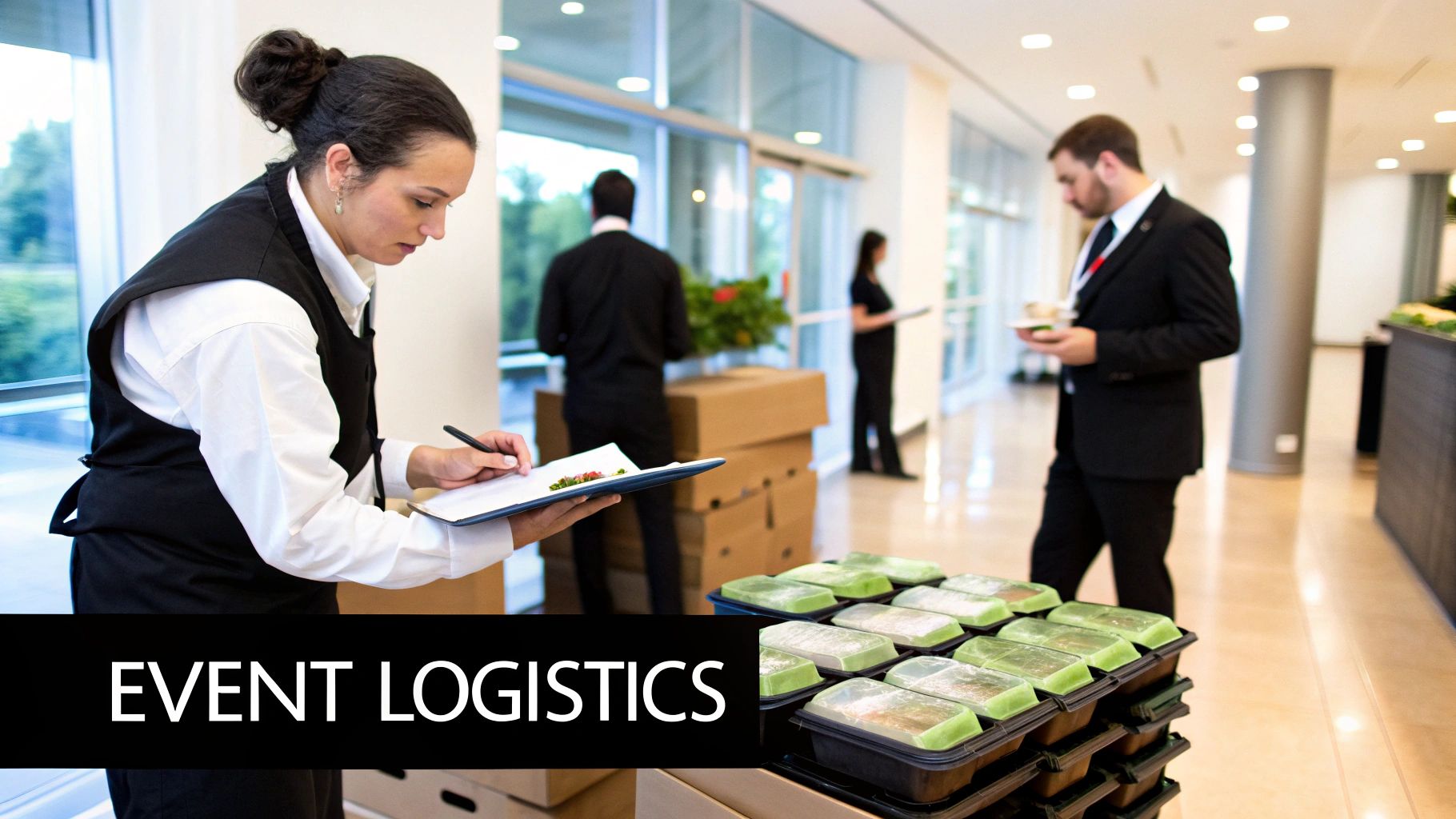 A modern corporate catering setup with diverse food options and interactive stations.