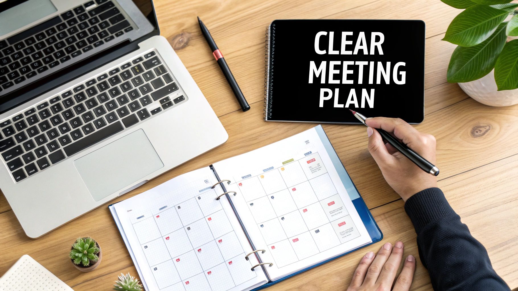 A person writing on a whiteboard, planning out the structure of a meeting.