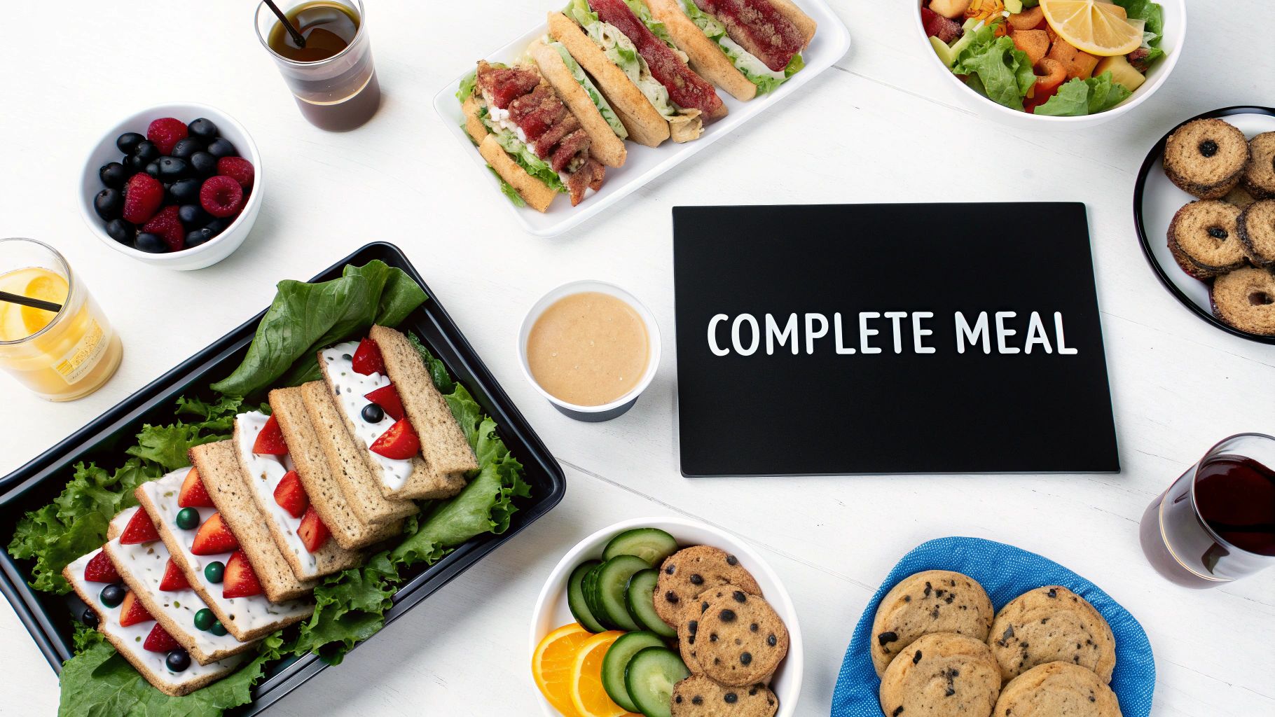 A complete catering spread with a sandwich platter, side salads, and a fruit platter.