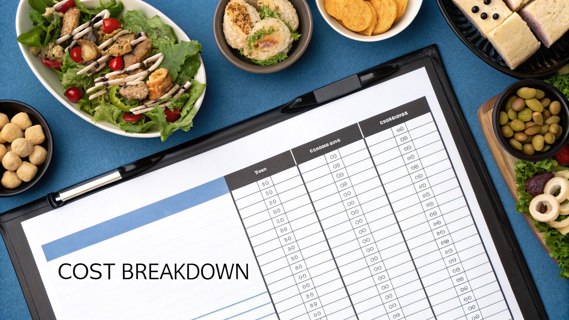 A close-up of a catering bill and a calculator on a wooden table
