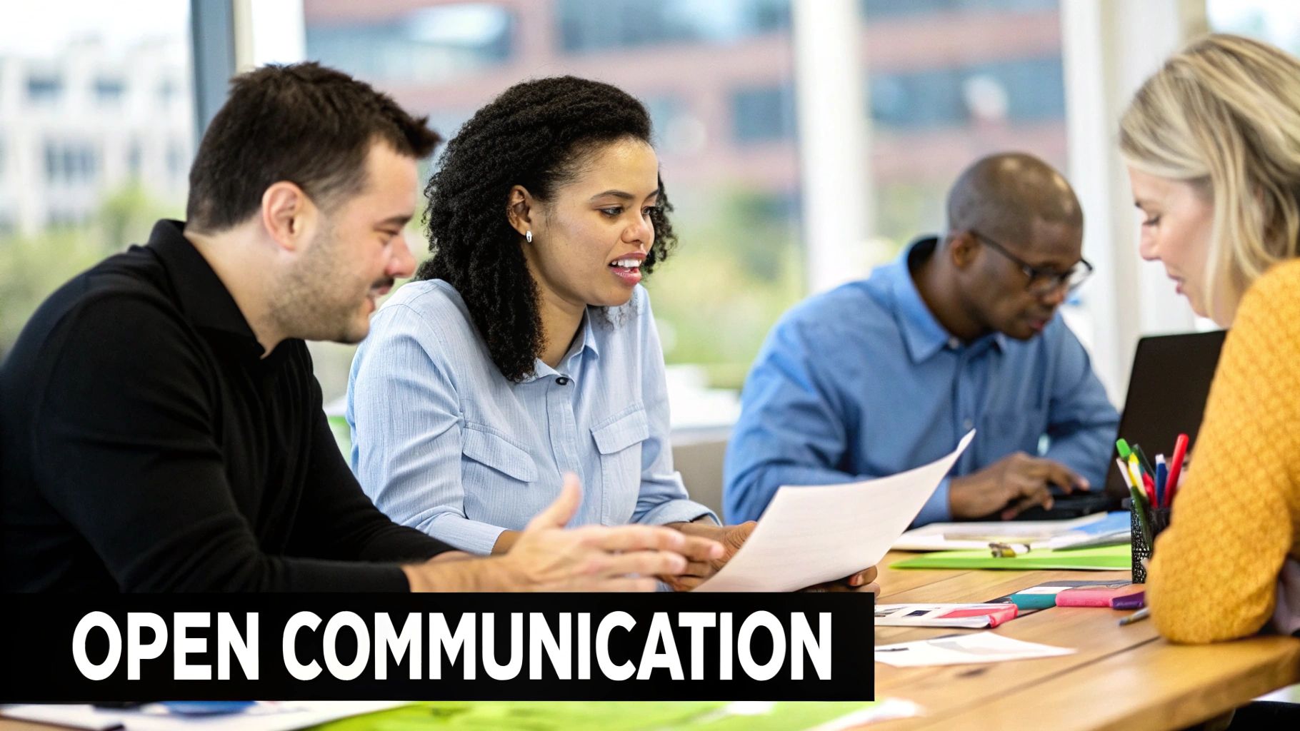 A group of diverse employees collaborating in a bright, modern office space.