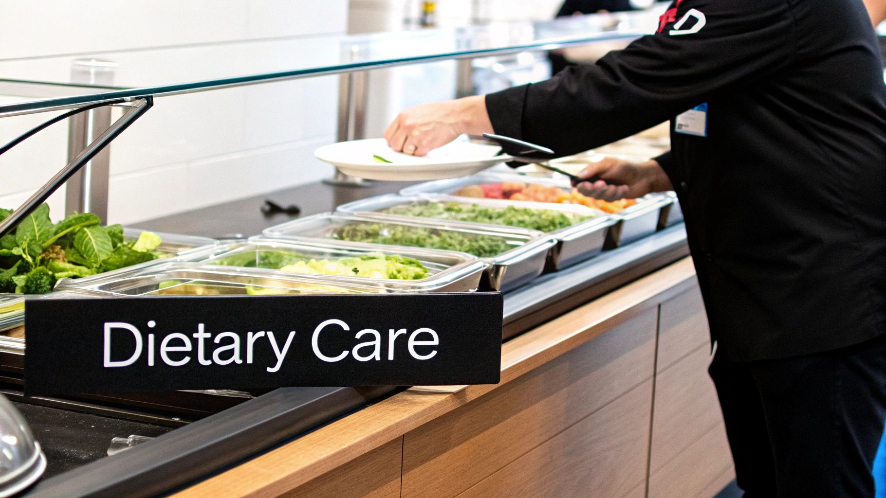 A catering professional carefully placing a label next to a gluten-free dish on a buffet line.