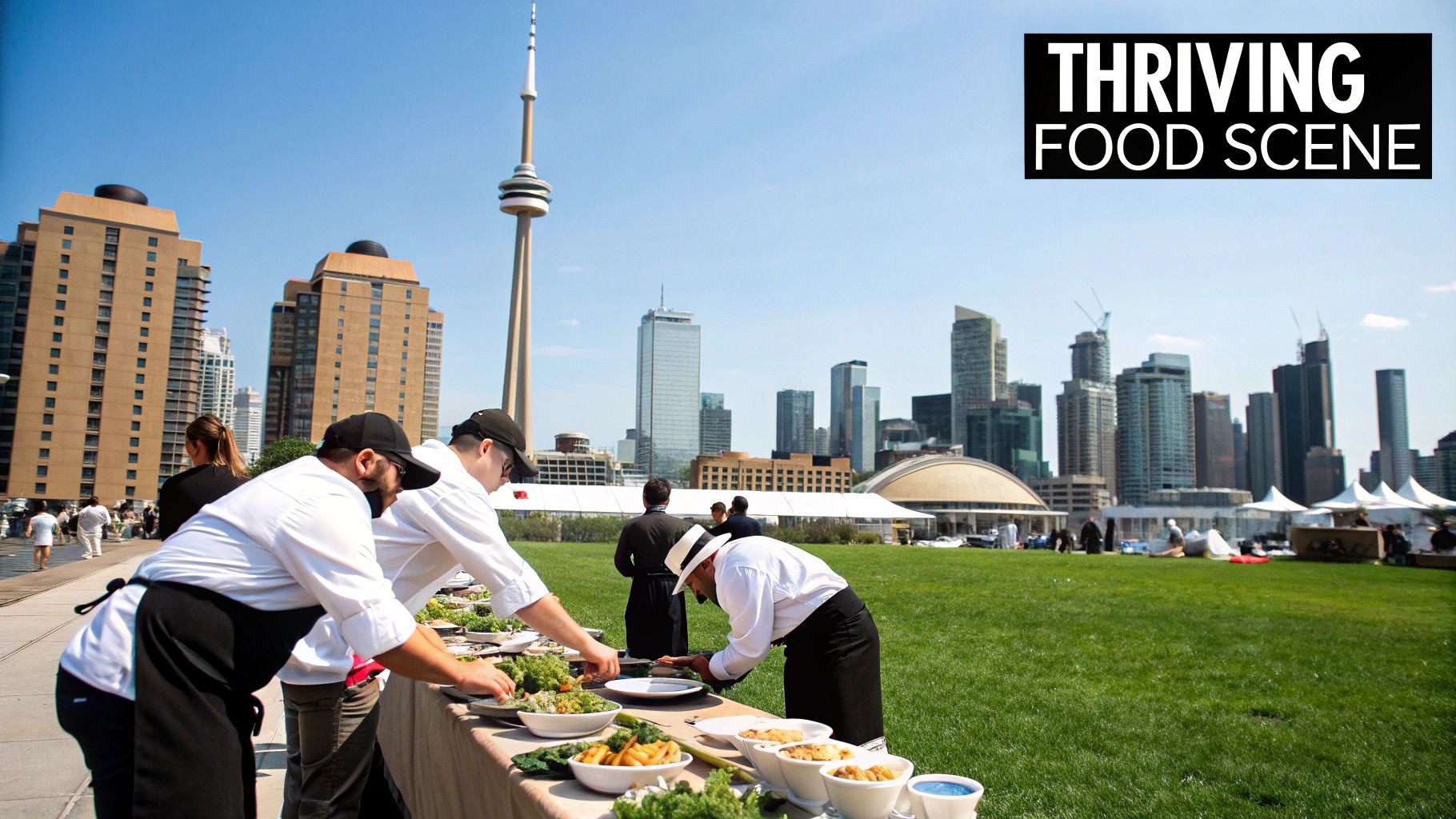 A panoramic view of the Toronto skyline with a focus on a bustling downtown corporate buildings.