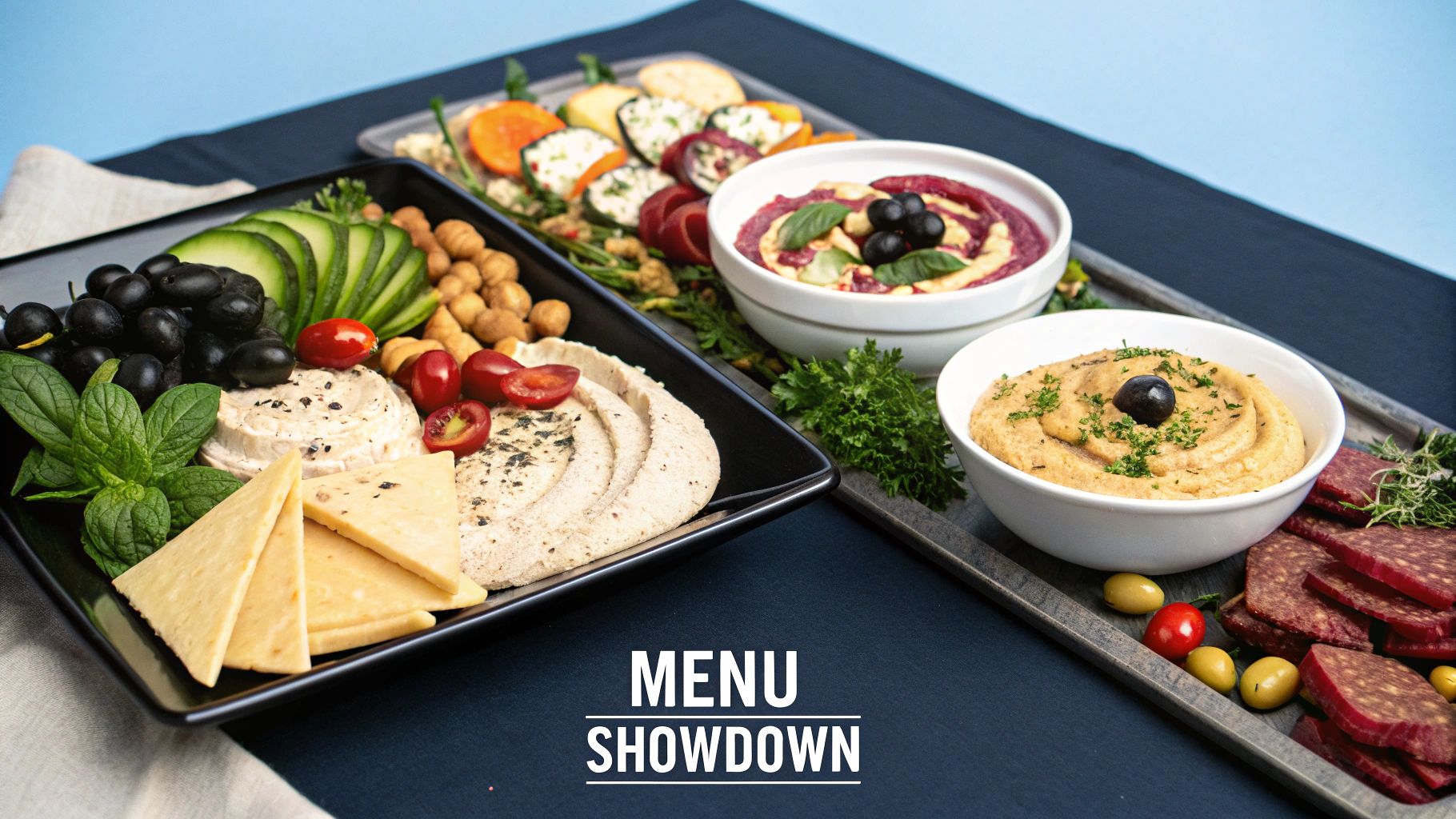 Artfully arranged catering dishes on a modern table setting