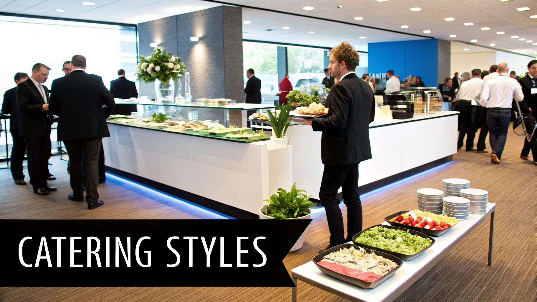 A buffet table with a variety of dishes being served