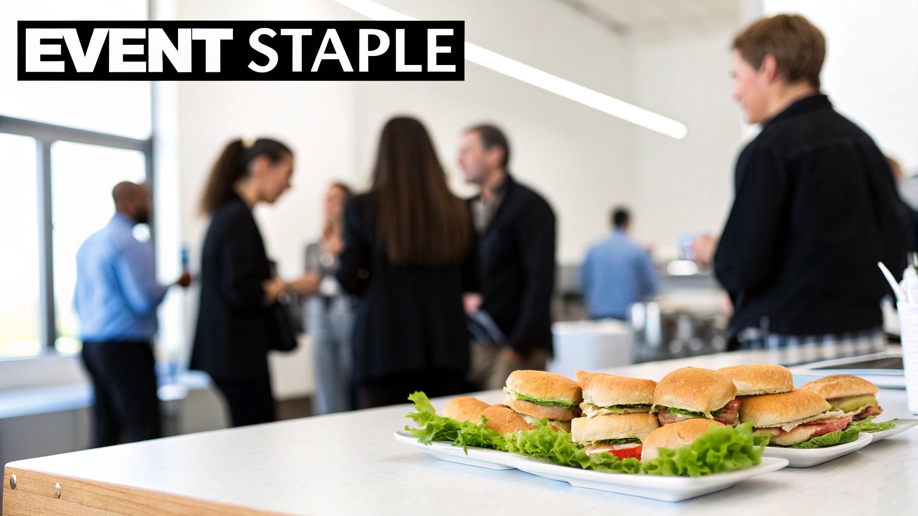 A beautifully arranged sandwich platter with various types of sandwiches, ready for a corporate event.