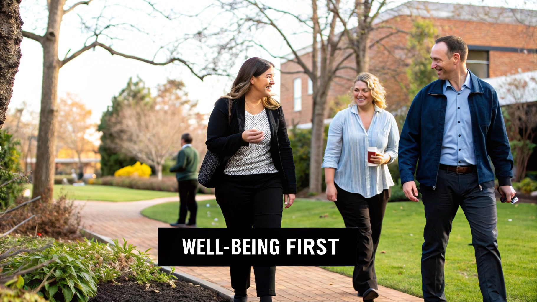 A group of employees enjoying a catered lunch together, laughing and connecting in a relaxed office environment.