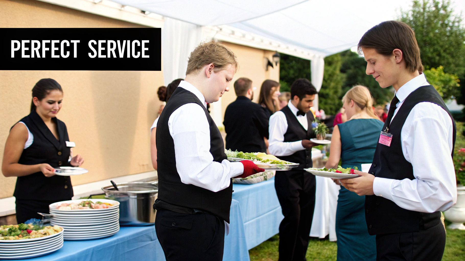A catering team serves guests during a professional event, highlighting a flawless service experience.