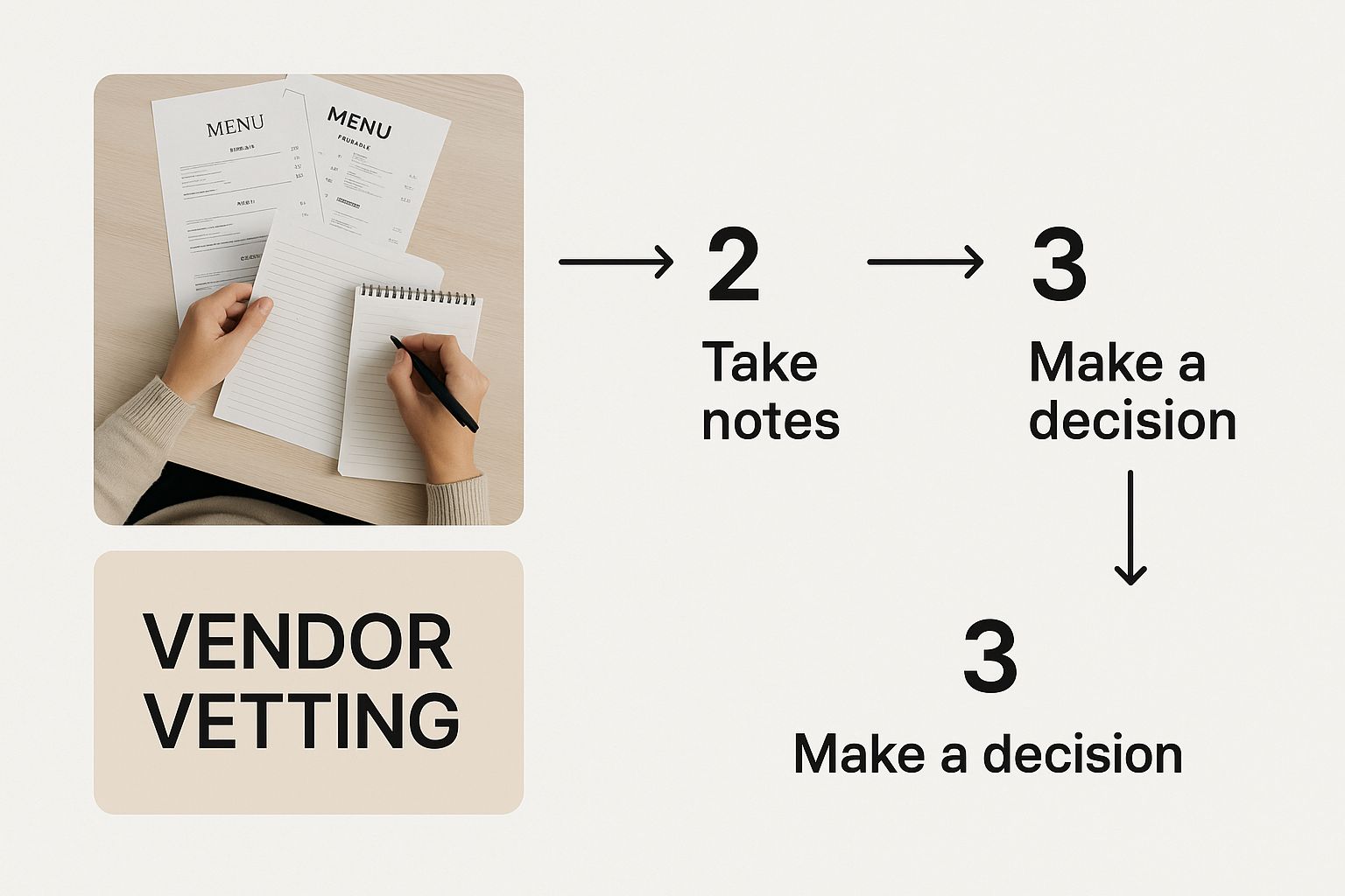 An infographic illustrating the vendor vetting process for a vegetarian catering service.