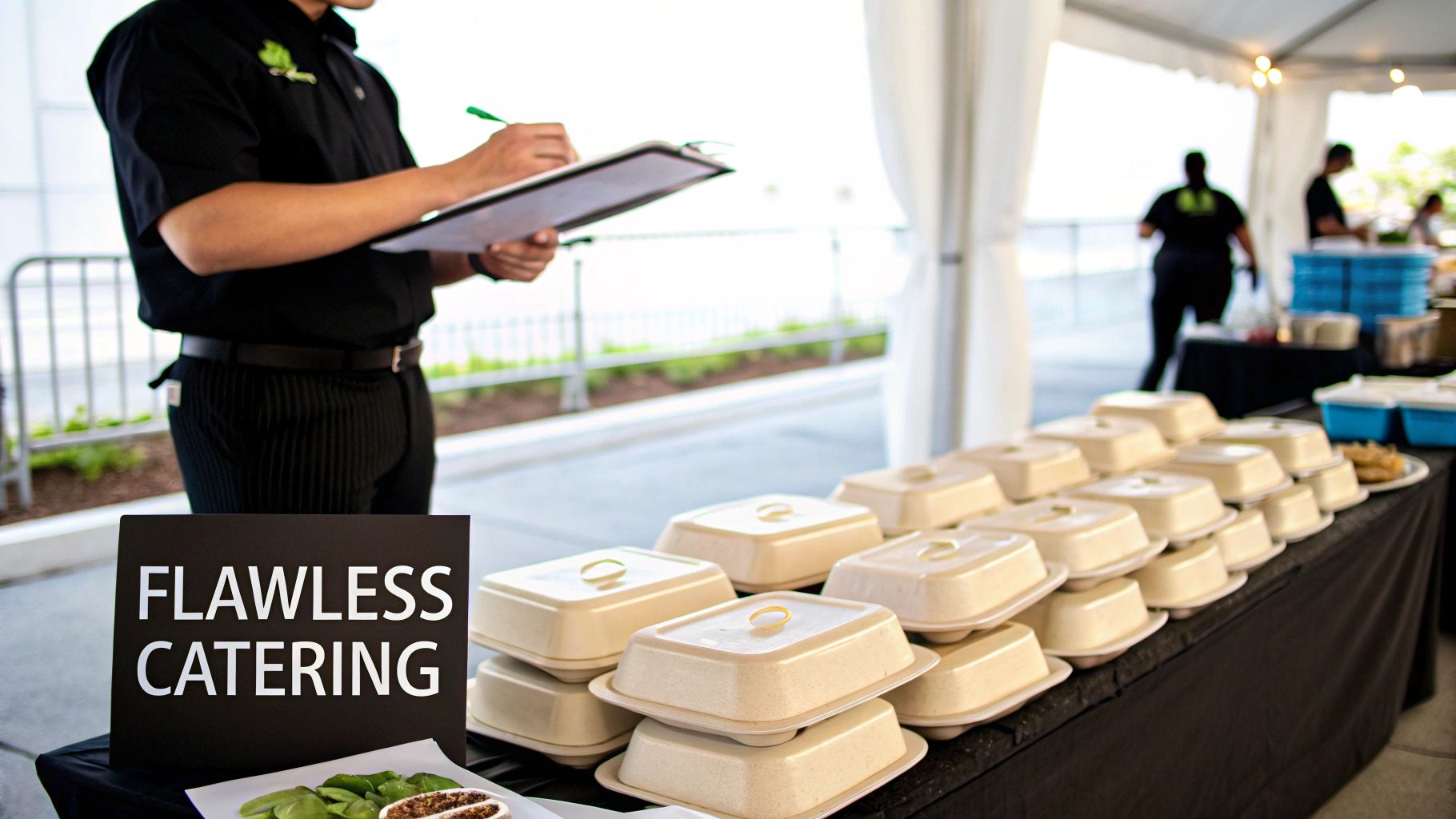 A well-organized catering setup with labelled lunch boxes ready for distribution
