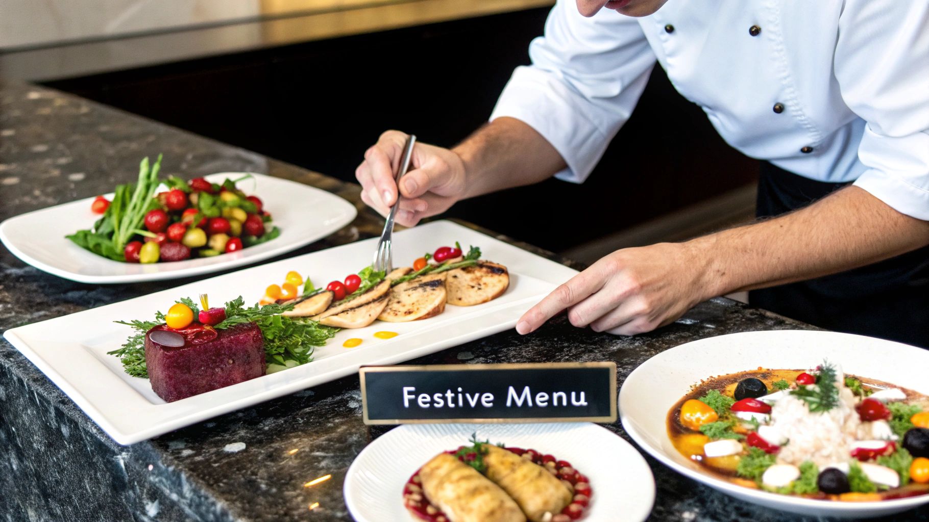 A festive Christmas catering spread with a variety of delicious holiday dishes.