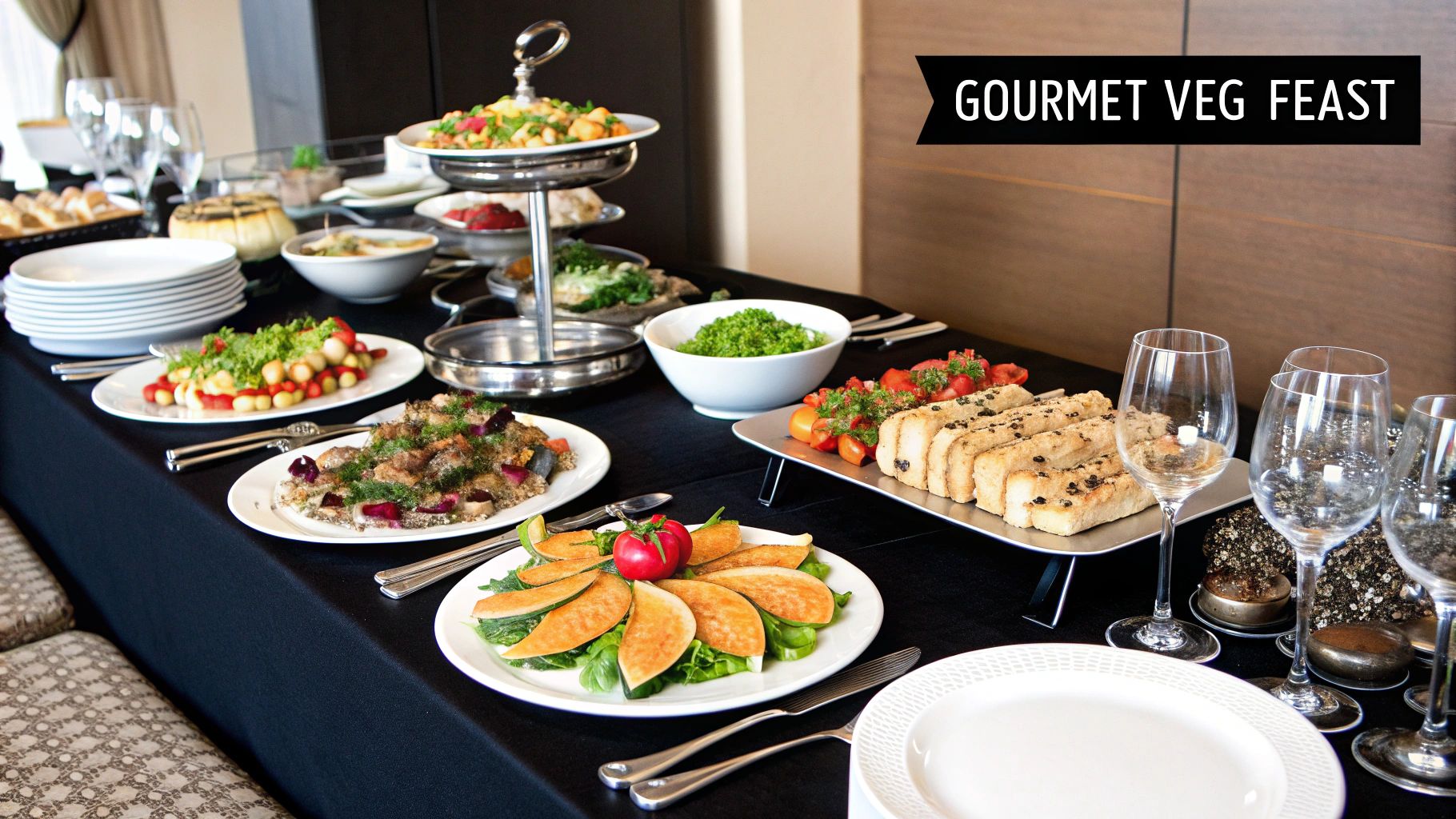 A vibrant spread of vegetarian catering dishes, including salads, dips, and and falafel