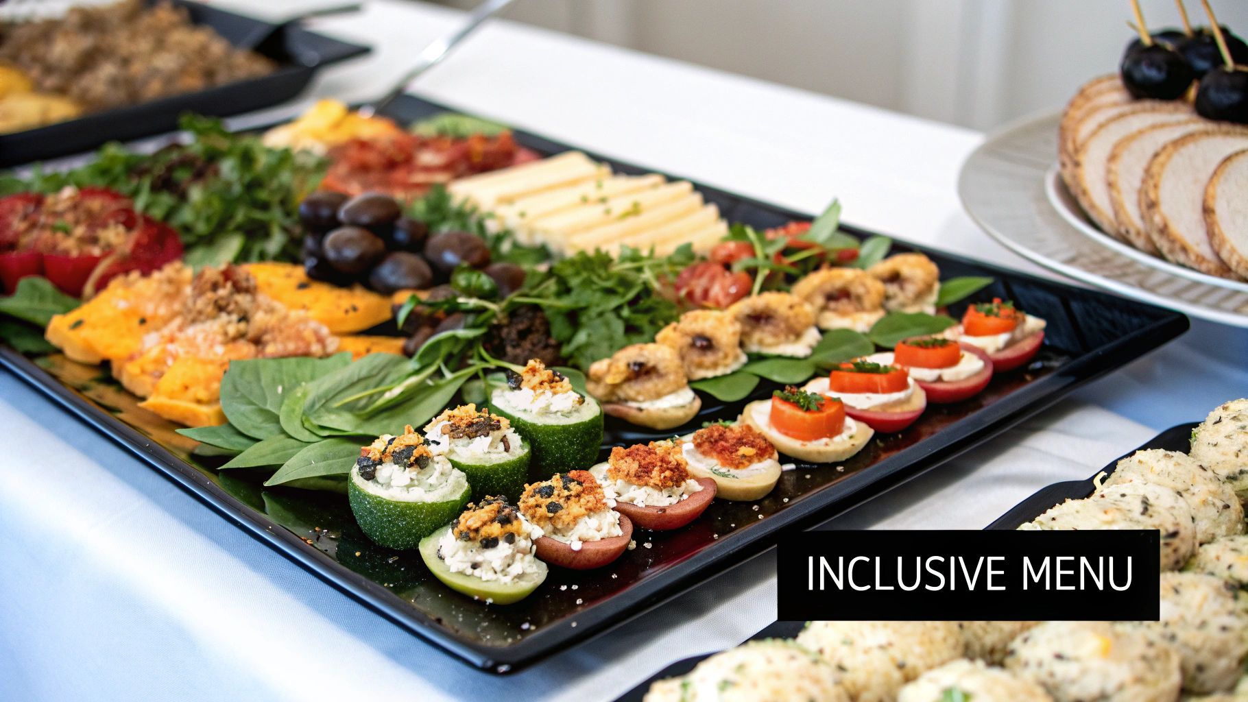 A diverse group of colleagues enjoying a catered meal in a modern office setting.