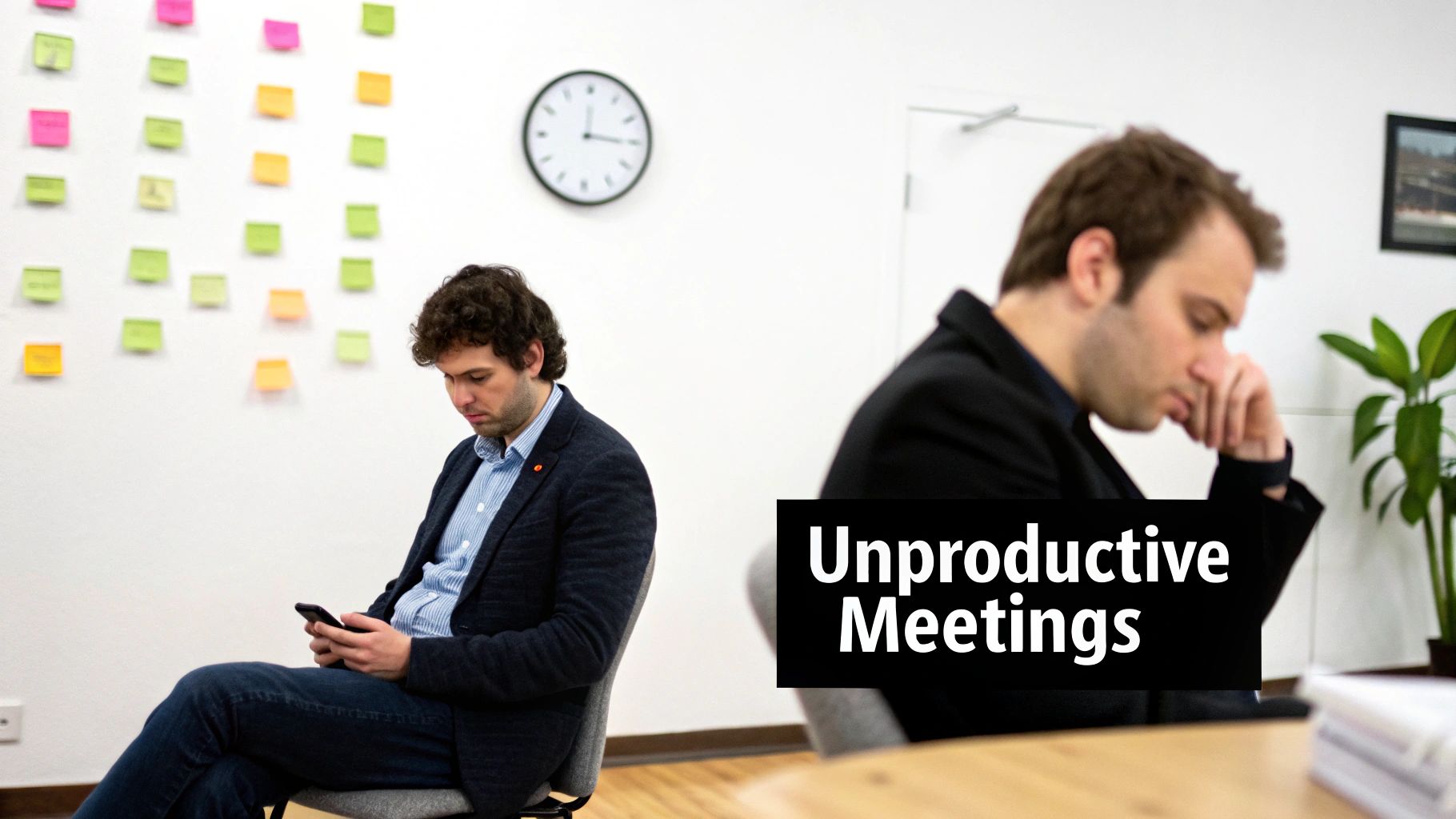 A team looking disengaged during a meeting, highlighting the problem of unstructured meetings.