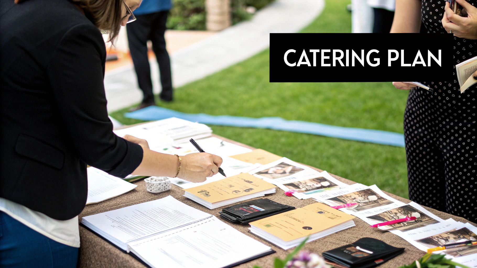 Chefs preparing catering plates for an event.
